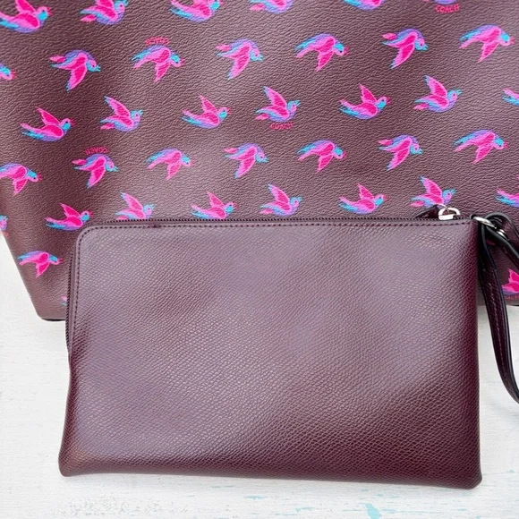 Coach Reversible City Tote Bag In Happy Bird Print Canvas 55870 Oxblood 1 - Picture 4 of 13